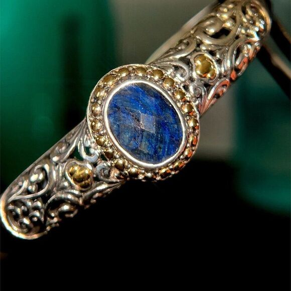 18k Gold/925 Silver Lapis Lazuli Open Cuff - Picture 7 of 11